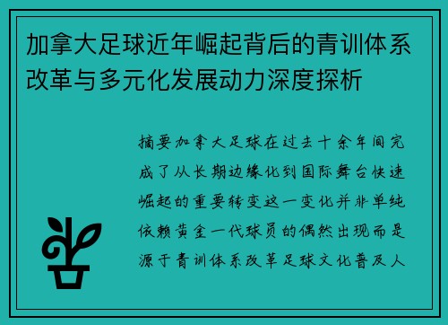 加拿大足球近年崛起背后的青训体系改革与多元化发展动力深度探析 加拿大足球近年崛起背后的青训体系改革与多元化发展动力深度探析